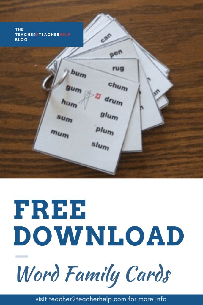 Pile of white notecards with word families lay on a table